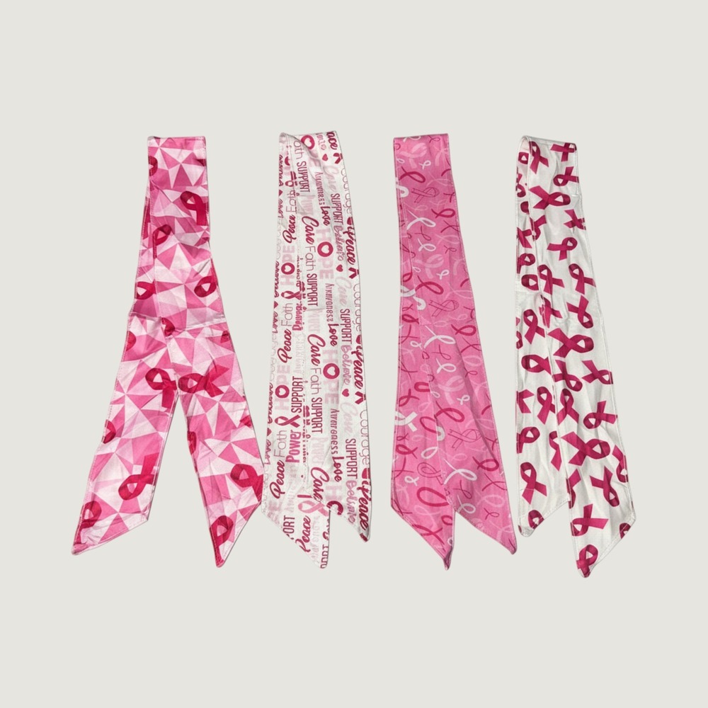 4pc Breast Cancer Awareness Pink Ribbon Skinny Scarves Headbands Set